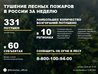 По данным Авиалесоохраны, подведомственной организации Рослесхоза, за прошедшую неделю потушен 331 лесной пожар в 38 регионах России