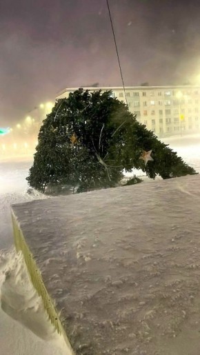 Несколько новогодних ёлок в Мурманской области не выдержали напора стихии - в регионе бушуют метель и ураганный ветер