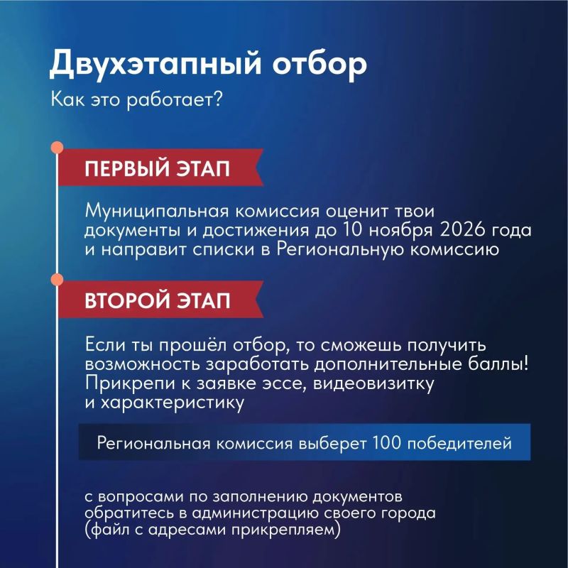 Стартовал прием заявок на губернаторскую стипендию: 100 талантливых ребят региона на протяжении 2027 года будут получать специальную выплату в размере 15 000 рублей Стартовал прием заявок на губернаторскую стипендию: 100 талантливых ребят региона на протяжении 2027 года будут получать специальную выплату в размере 15 000 рублей